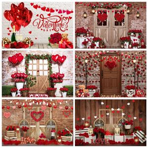 Wall Stickers Valentines Day Pography Backdrops Brick Wood Door Red Rose Flower Love Heart Background Wedding Bridal Shower Poshoot 231026