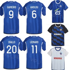 RC Strasbourg Soccer 7 Angelo Gabriel Jersey Club 12 Lebo Mothiba 1 Matz Sels 22 Gerzino Nyamsi 3 Thomas Delaine 19 Habib Diarra Football Shirt Kits 23-24 Navy White