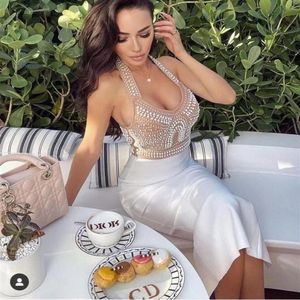 Casual Dresses High Quality 2021 Women's Fashion Sexy Pearl Pärled Halter Backless Dress BodyCon Club Party Bandage213e