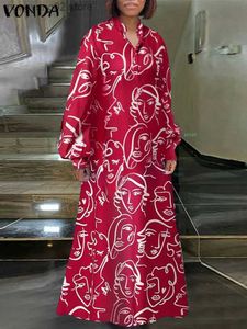 Grundläggande avslappnade klänningar 2023 Vonda Summer Bohemian Women Printed Maxi Dress Stand Collar Long Lantern Sleeve Party Vestidos Kaftan Buttons Casual Robe T231026