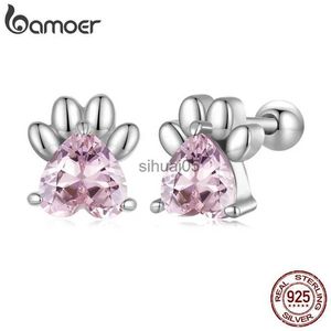 Stud Bamoer 925 Sterling Silver Pink Dog Paw örhängen för kvinnor Zirkonörör Studs Fashion Födelsedagsmycken gåvor YQ231026