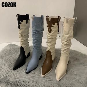 Botas 2023 Western Cowboy Senhoras Cowgirl Apontou Toe Denim Inverno Mulheres Joelho Alto Deslizamento Longo em Sapatos Plissados Feminino 231026