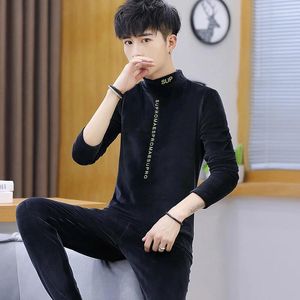 Men's Tracksuits Mens Thermal Velvet Underwear 2 Pcs Top And Pants Burgundy Thickened Winter Warm Clothes Slim Tight Velour Pajamas Black