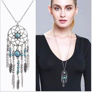 Vintage Dream Catcher Necklace Tassel Feather Turquoise Bohemian Style Long Sweater Chain Charm Jewel Xmas Gifts 12pcs214s
