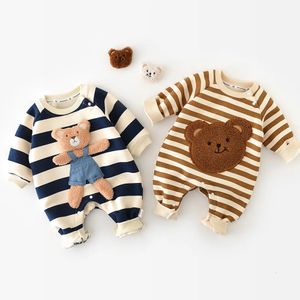 Rompers Carton Bear Baby Romper Striped Boys Girls Jumpsuits Thicken Lining Babies Clothes Infant Outfit Cute Kids Rompers 231025