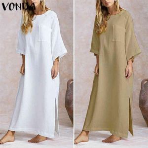 Vonda Elegant Women Solid Maxi Long Dress2021 Cotton Vintage Bohemian Plus Size Size White Dress Sexy Split Hem Vestido Robe Femme X05248H