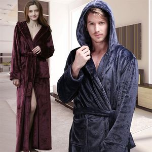 Novo inverno extra longo com capuz grosso flanela quente banho robe masculino roupão de banho térmico feminino masculino luxo quimono robes249j