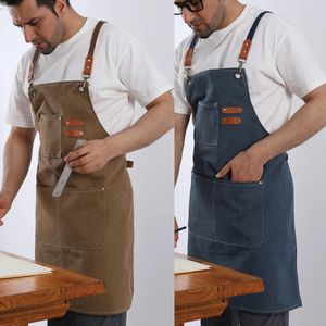 Aprons Kitchen Apron Solid Simple Unisex Canvas Work Adjustable Black Bib Waiter Pub Salon Cafe with Tool Bag Restaurant Cape 231026