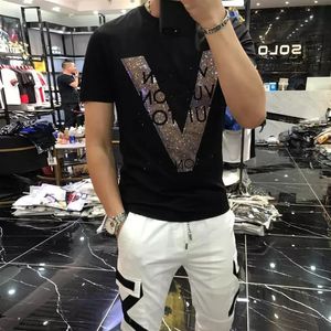 T-shirty męskie 2022 NOWOŚĆ bawełniana bawełniana V-wzór Rhinestone Projektant męski Slim Casual Tees Czarne białe trend mody Short 1800