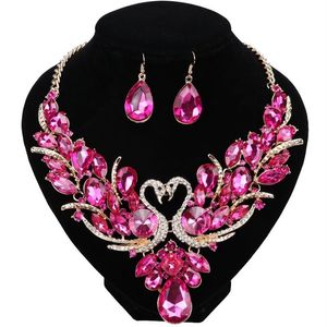 Luxury Gold Plated Rose Red Crystal New Collier Femme Double Swan Statement Necklace Earring For Women Party Wedding Jewelry Sets243a