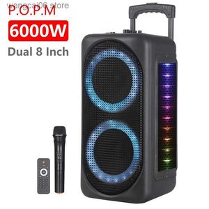 Mobiltelefonhögtalare Dual 8 tum 6000W utomhusspaken Trolley Audio Karaoke PartyBox RGB Bluetooth Högtalare EQ Colorful LED Light Ring med MIC Remote T231026