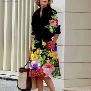 Basic Casual Dresses Floral Pattern Shirt Dress Elegant Women's Summer Casual Lapel Long Sleeve Midi Dress High Temperament Fashion Street Shirt T231026