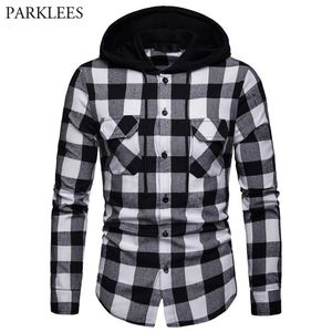 Black White Plaid Hooded Shirt Men Slim Fit Long Sleeve Men Hoodie Shirt Hipster Streetwear Shirts With Double Pockets 210522269l