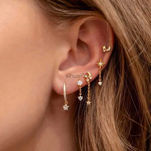 Stud Star Flat Helix Ear Lobe Cartilage Piercing Earring Set for Women Tragus Rook Moon Pendant Chain Earing Chic New Jewelry YQ231026