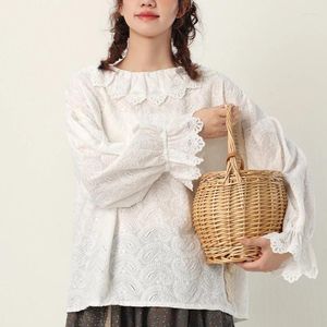 Kadın bluzları bahar sonbahar tatlı taze işlemeli gömlek kadınlar giyim taylı kol gevşek bluz mori kız kadınsı sevimli üstler k062