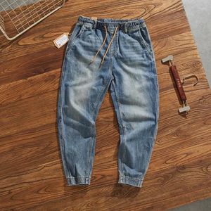 Jeans masculinos 3265 # outono japonês retro denim carga algodão lavado velho cintura elástica cordão reto tornozelo-amarrado calças