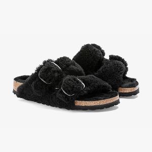 Designer tofflor fluffiga Boston Clogs Sandaler päls slider kork platt mode läder glida kvinnor män Arizona Mayari Woody Slipper Black White