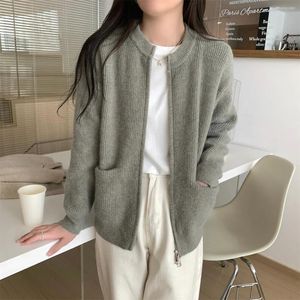 Women's Knits Gray Zipper Knitted Cardigan Fall Winter Loose Sweater Korean Long Sleeve Outerwear 4 Colors