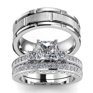 Anéis de casamento casal feminino clássico quadrado zircão anel de noivado conjunto masculino 8mm aço inoxidável cor prata sulco c269x