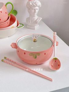 Bowls Strawberry Ceramic Soaked Noodle Bowl Korean Style Cute Large Capacity Double Ear Soup With Lid Student Dormitory Household