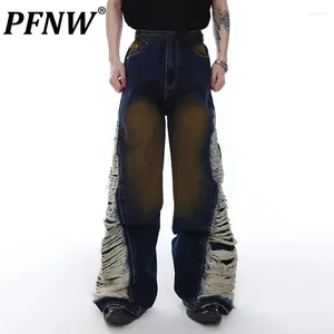 Mäns jeans PFNW Spring Summer Vintage Techwear sliten ut flare Casual Personlighet Motorcykel Stiliga tidvattnet Denim Pants 12A9712