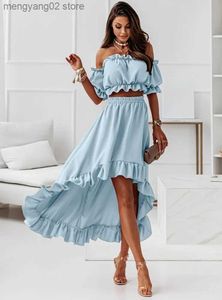 Basic Casual Dresses 2022 Summer Sexy Short-sleeved Women Suit Solid Fashion Slash Neck Show Waist Puff Sleeve Short Top Long Skirt Two Piece Suit T231026