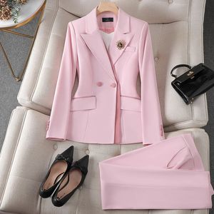 女性のスーツブレザーS-4XLピンク白い女性ブレザーとパンツスーツオフィスレディースビジネスワークウェア2ピースセット女性長袖ジャケットとズボン231023