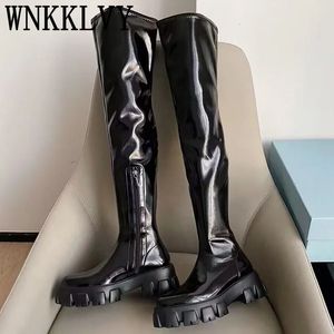 Boots Platform Flat Booties Women Patent Leather Solid Color Knee High Winter Round Toe Antiskid Commuting Over The Boot 231026