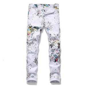 Fashion Design Men's White Printed Pants Trend Color Painting Street Style Repair Breathable Overalls2687