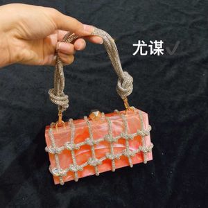 Shiny and dull diamond knot clip box bag, acrylic banquet woven small square bag, hand held crossbody bag 231026