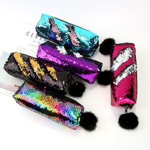 Hairball Glitter Pen Bag Color-changing Stationery Bag Student Large Capacity Girl Makeup Bag Storage Box Wholesale 1224661