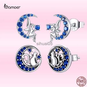 Stud Bamoer Genuíno 925 Sterling Silver Cat on the Moon Round Blue Brincos para Mulheres Ear Pins Fine Wedding Jewelry GXE880 YQ231026
