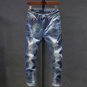 Jeans da uomo strappati da uomo blu scuro stretch slim fit effetto consumato streetwear pantaloni in denim casual retrò biker uomo pantaloni Hiphop3220