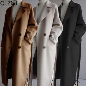 Misturas de lã feminina Long Trench Coat Blended Jacke Luxo Roupas de Inverno Senhoras Bege Elegante Moda Coreana Jaqueta Preta com Cinto 231026