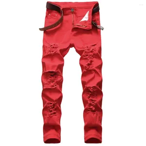Erkekler Kot yırtılmış bahar sonbahar moda trend elastik delikler sokak kıyafeti erkek denim pantolon büyük boy kırmızı tam uzunlukta pantolon