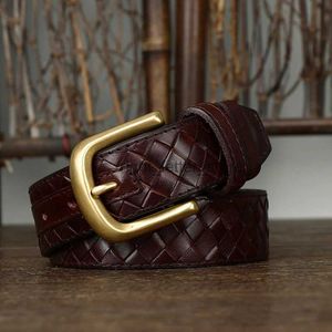 Pasy 3,3 cm mężczyzn Wysokiej jakości oryginalny skórzany pasek luksusowy mosiężna klamra Braid Pure Cowskin Vintage Pasek męskie dżinsy dla mężczyzn kobiety YQ231026