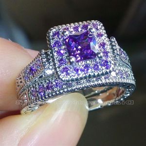 Boyut 5-10 Vintage mücevher prenses kesim ametist simüle edilmiş elmas cz düğün taşları nişan gelin halkaları kadınlar için set 269e