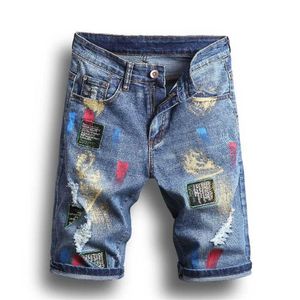 Qnpqyx novos homens calças de brim curtas atualizado pintura biker jeans shorts calças magros rasgados buracos denim shorts masculino designer jean329f