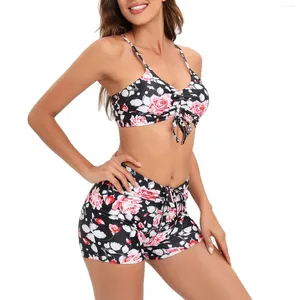 Damen-Bademode, 2-teilige Badeanzüge, Neckholder-Bikini-Set, zwei Blumenmuster, Kordelzug, Push-Up, Dreieck-Tankini-Badeanzug, weiblich