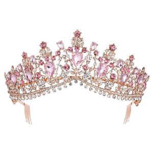 Barok Rose Gold Pink Crystal Bridal Tiara Crown z grzebieniami konkursów Prom Rhinestone Veil Tiara Tiara Opaska Wedding Hair Akcesoria Y270G