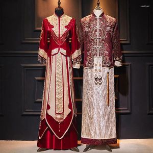 Roupas étnicas Estilo Chinês Vestido de Noiva Noivo Vermelho Bordado Cheongsam Festa Tradicional Borla Qipao