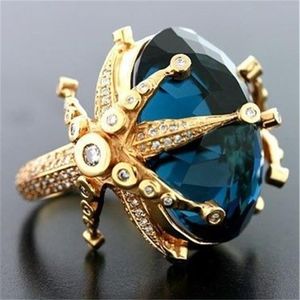 14k Yellow Gold Sapphire Diamond Ring for Women Peacock Blue Topaz Stone Dainty Jewelry Bizuteria Anillos Wedding Ring Gemstone 20270O