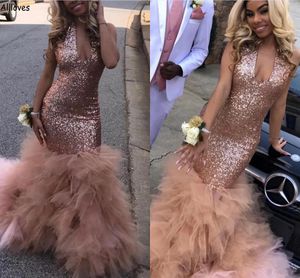 Rose Gold Sequined Mermaid Prom Dresses for Black Girls Gorgeous Ruffles Tulle kjol Glitter Second Reception Dress Sexig V Neck Eccase Formell aftonklänningar CL2820