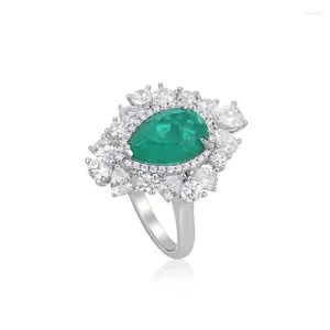 Cluster Rings Luxury Lab Created Emerald Gemstone Classic 925 Sterling Silver Cocktail Women Engagement Jewelry