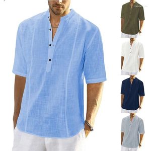 Camisas masculinas de algodão linho manga curta camisa respirável verão cor sólida túnica pulôver topos harajuku homem roupas