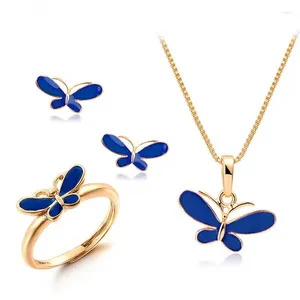 Colar brincos conjunto bonito azul gota de óleo borboleta colares pingentes anel pequeno para crianças meninas cor ouro jóias