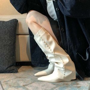 Shining Legs Thin White Trouser Boots 2023 New Mesh Red Fat mm Pointed Slope Heel High Knee Length Boots for Women 231026