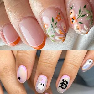 False Nails French Manicure Autumn Flowers Nail Tips Detachable Long Oval Press On Women