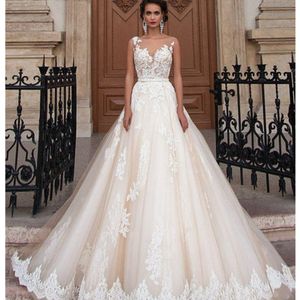 Gorgeous 2023 Sheer Jewel Collar Lace Applique Sleeveless Bridal Gown A Line Plus Size Wedding Dreses for Women Party