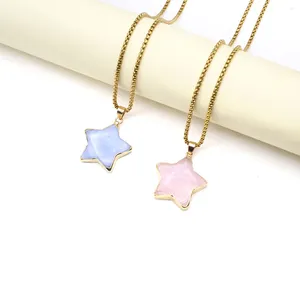 Pendant Necklaces 30x30mm Natural Gem Stone Star Shape Gold Color Wrap Edge Necklace Healing Jewellery Stainless Steel 60cm 1pc